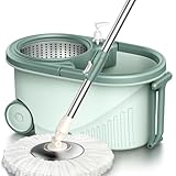 Juego de fregona giratoria y cubo con escurridor, mango ajustable de acero inoxidable, incluye 3 cabezales de fregona para una limpieza eficiente