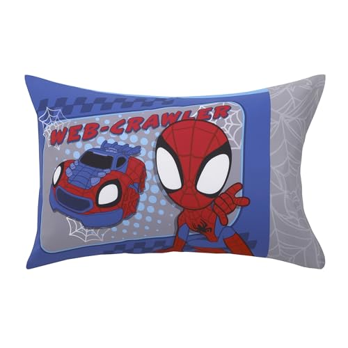 Image of NoJo Marvel Spiderman Spidey and his Amazing Friends Spidey Time Red, Blue, and Grey 4 Piece Toddler Bed Set - Comforter, Fitted Bottom Sheet, Flat Top Sheet, and Reversible Pillowcase