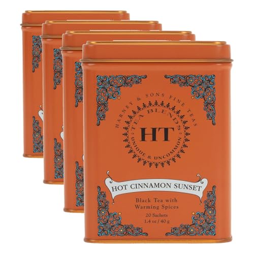 Harney & Sons Black Tea, 20 Sachets, Pack of 4 | Hot Cinnamon Sunset | Caffeinated | Orange and Cloves | Tin Packaging