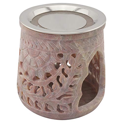 K W Quemador de Incienso Hecho de esteatita India con un tamiz de Acero Inoxidable y Disco de Metal – diseño Jamal – H 10cm