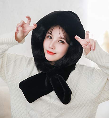 Women's Black Solid Fleece Hooded Scarf2