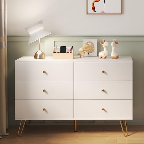 Image of Vrullu White Dresser for Bedroom, Wide Wood Dressers & chests of 6 Drawers, TV Stand for 55" TV, Modern Storage Drawers for Bedroom Entryway, Closet, Hallway (1, White)