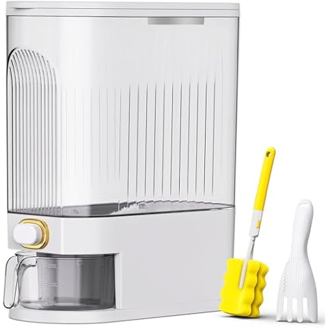 Rice Dispenser,22Lbs-25Lbs Rice Container with Measuring Cup, Upgraded Lid Time Dials & Built-in Fresh Box Rice Container Storage for Home Kitchen Pantry Stores Rice - White Capacity 22Lbs-25Lbs Cover