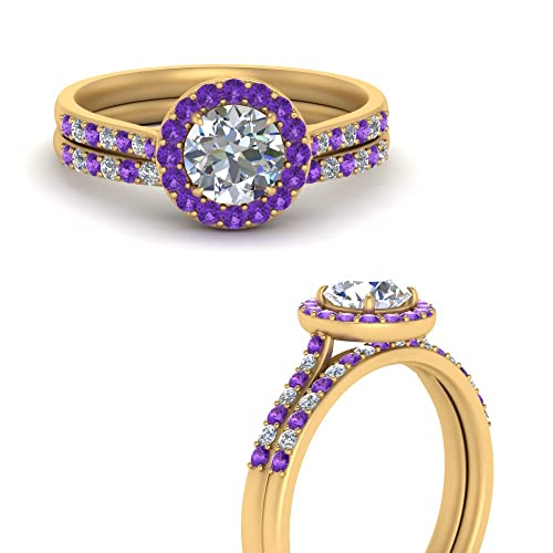 Image of Choose Your Gemstone Round Halo Ring with Matching Pave Band Yellow Gold Plated Round Shape Wedding Ring Sets Everyday Jewelry Wedding Jewelry Handmade Gifts for Wife US Size 4 to 12