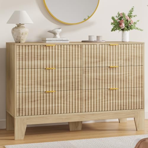 Image of Garvee 6 Drawer Dresser for Bedroom, 47 inch Wide Fluted Chest of Drawers with Metal Handle, Modern Wooden Dresser TV Stand, Clothes Storage Organizer Wood Closet for Hallway, Entryway, Natural Oak
