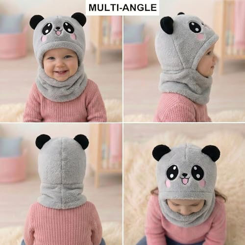 Image of Kraptick Winter Kids Monkey Cap - Cute Panda Plush Balaclava Hat with Neck Warmer Scarf Soft Woolen Fleece Lined Windproof Earflap Hood for Babies -3