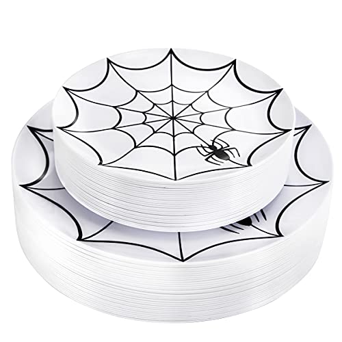 WDF 60Pieces Halloween Plates Disposable Plastic - White and Black Plates with Cobwebs Halloween Dinnerware include 30PCS 10.25inch Plates and 30PCS 7.5inch Plates for Halloween