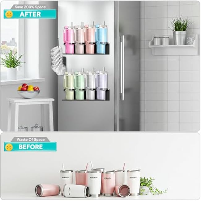 Magnetic Fridge Cup Holder for Stanley 20/30/40 oz with Tumbler Lid Organizer, Strong Magnetic Water Bottle Storage Rack (Black, 8 Cup)