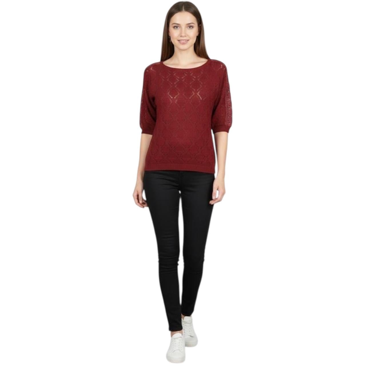 Women Maroon Knitted Half Sleeve Crochet Knit Sweater Top Single Piece-picture-13