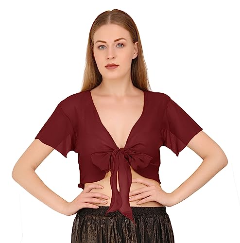 Image of Indian Trendy Women's Chiffon Short Sleeve Tie Top Choli Blouse Belly Dance Gypsy Tie Front Cardigan Tops