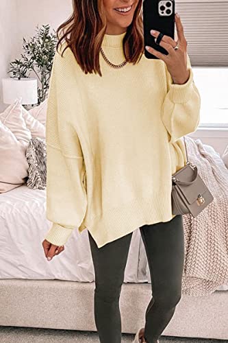 Lillusory Women Cream Sweaters Cashmere Crewneck Batwing Long Sleeve Sweater Oversized Knit Side Slit Pullover Top #TOP2