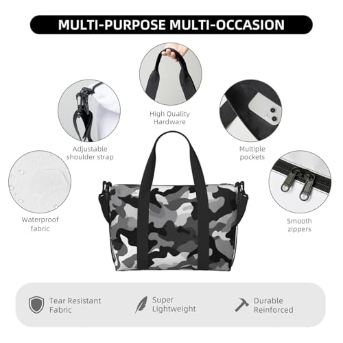 Travel Duffel Bag for Men Gym Bag, Black Grey White Camo Luggage Bag with Shoulder Strap, Large Gym Tote Bag for Women, Weekender Overnight Bag, Foldable Carry on Bag for Airplane4