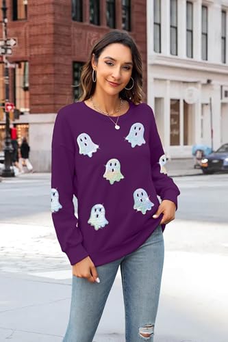 Halloween Sweatshirts Women Colorful Sequin Ghost Graphic Pullover Shirt - image 2