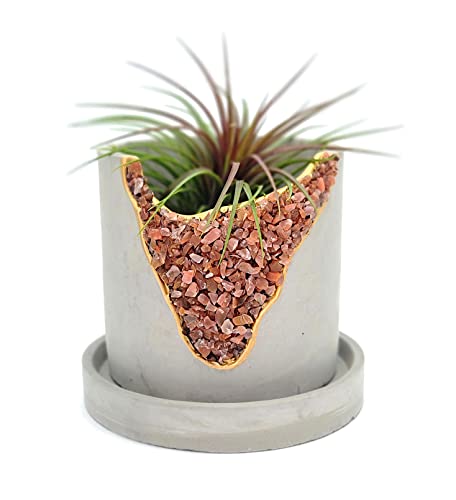 4” Crystal Plant Pot with Saucer - Cement Geode Planter - Concrete Pots for Plants - Modern Succulent Pot Indoor - Unique Air Plant Holder - Candle Holder - Small Plant Home Decor (Orange Carnelian)