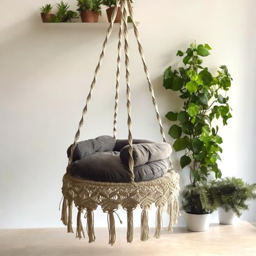 ecofynd Premium Luxury Macrame Swing Hammock with Cushion Set for Adults & Kids, Large Chair Jhula Relax for Indoor, Outdoor, Balcony, Deck, Patio, Living Room, Home (Ivory, BH038-CU-GRY)