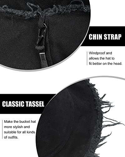 Image of Zylioo Plus Size Frayed Bucket Hat, Reversible 2 in 1 Fringe Tassel Sun Hat for Big Heads, Wide Brim UPF 50+ Fishing Hat