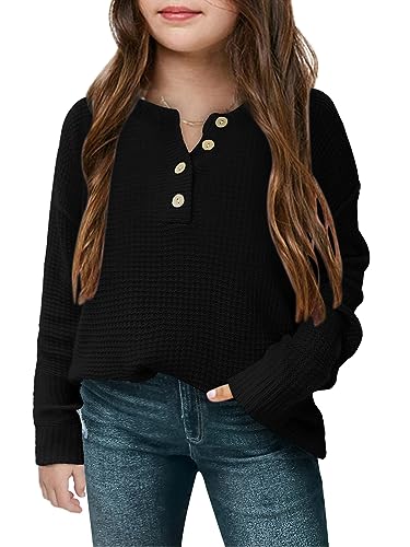Image of rrhss Girls Waffle Knit Sweaters Trendy Henley Button V Neck Long Sleeve Pullover Jumper Tops Black