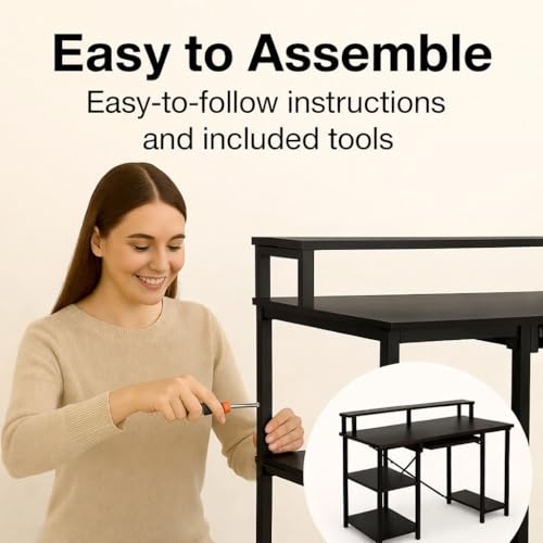 Image of INNOWIN The Woods Computer Table with Keyboard Tray for Home Office, Office Desk with Storage, Engineered Wood Finish Study Writing Computer Laptop Table Desk (Black)