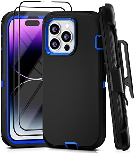 PQC iPhone 14 Pro Max Case with Belt Clip and 2 Pack Screen Protector - Military Grade Rugged Full Body Phone Case for Men and Women (Black+Blue)