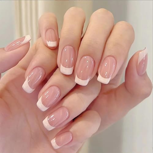 Gloss & Go 24 Reusable Artificial Fake Nail Set| Frech Style Peach And White Short Square Glossy Press On Nails| Lightweight & Long Lasting| Easy To Use| Quick Fix For Festivals & Special Occasions