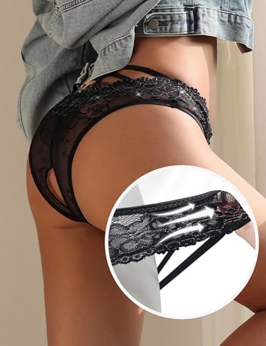 comeondear String Ouvert Femme Sexy Chic Tanga Dentelle Fleurs Noir,L – vue 5
