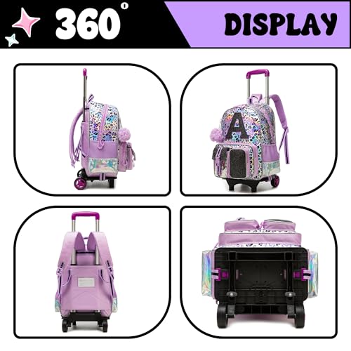 Image of HTgroce Kids Rolling Backpack for Girls Backpack with Wheels 3pcs Rolling Backpacks for Kids, 16.5 inch Roller Backpacks for Girls with Lunch Box Pencil Case