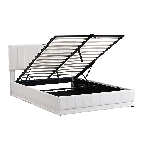 Tilly Lin Queen Size Upholstered Bed with Hydraulic Storage System and LED Light, Modern Platform Bed with Sockets and USB Ports, White