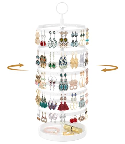 Image of MODOWEY 5 Tier Rotating Earring Holder Organizer, Adjustable Display Tree with Metal Tray, 220 Holes Jewelry Rack for Pierced Stud Hoop Dangle, Large Capacity Space-Saving Stand for Women (White)