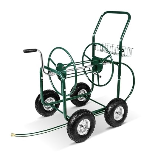 KARMAS PRODUCT 4 Wheels Portable Garden Hose Reel Cart with Storage Basket Rust Resistant Heavy Duty Water Hose Holder