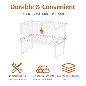 Amazon Basics Stackable Metal Kitchen Storage Shelves, Set of 2 - White, 12.5" L x 8" D x 4.5" H Amazon Basics Stackable Metal Kitchen Storage Shelves Set of 2 White 125 L x 8 D x 45 H