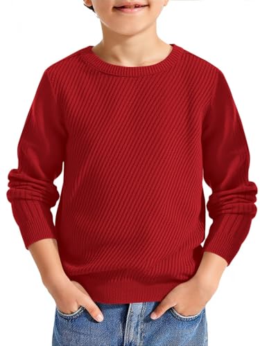 Haloumoning Boys Texture Sweater Kids Crewneck Long Sleeve Knit Pullover Sweater Fall Winter Clothes 5-14 Years Red