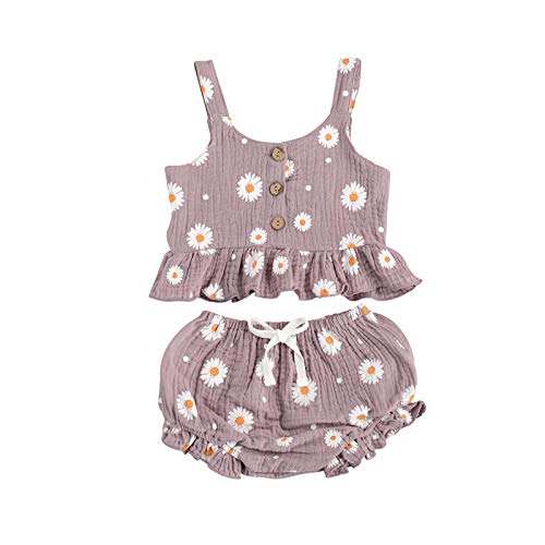 Image of Madjtlqy Toddler Baby Girl Cotton Linen Clothes Daisy Print Sleeveless Ruffled Hem Tank Tops Shorts Set 2Pcs Summer Outfits