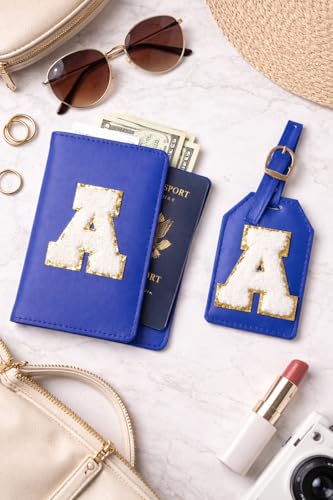 Image of Passport Cover & Bag Tag Combo | Personalized Initial Alphabet Custom A-Z Name Initial | Fits Standard Passports | Travel GiftIdeal Travel Gift for Women, Girls & Couples(Royal Blue)