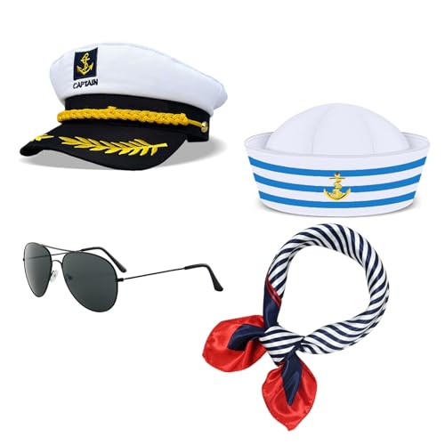 Captain Costume Set, Sailor Hat Scarf Captain Hat and Sunglasses Navy Costume Sailor Costume Accessories Men Women Captains Dressing up Party