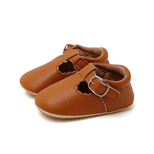 Baby Girls Mary Jane Flats Shoes with Non-Slip Soft Sole Toddler First Walkers Princess Dress Shoes Brown 13CM
