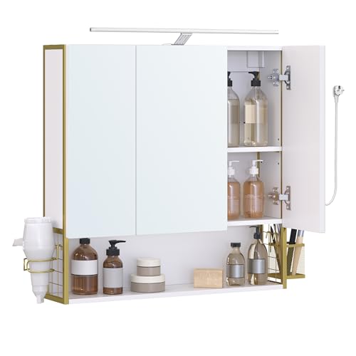 Preisvergleich Produktbild VASAGLE Spiegelschrank Bad mit Beleuchtung, Badezimmerschrank, integriertes Kabel, Badschrank, Wandschrank, hÖhenverstellbare Ablage, 3 TÜre, modern, weiß-grÜngoldfarben BBK124A10