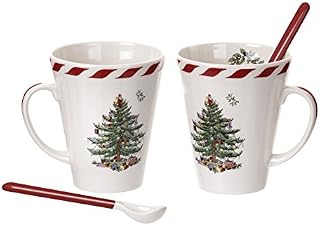 Spode Christmas Tree Peppermint Mugs with Spoons, Set of 2