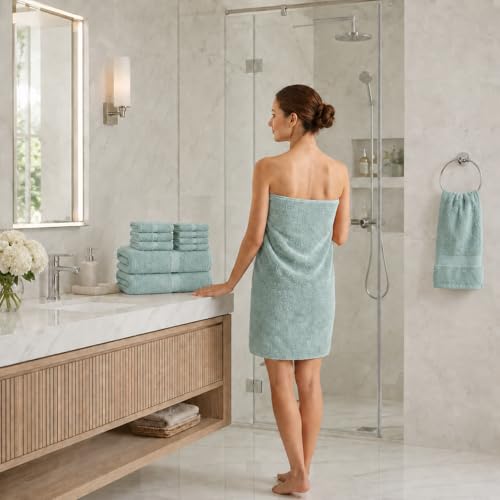 Image of Sulfar 100% Combed Cotton, 8 Pcs Towel Set - 2 Bath Towels (70 x 140 cm), 2 Hand Towels (40 x 70 cm) and 4 Face Towel (30 x 30 cm) (600 GSM, Pack of 8) Nile Blue
