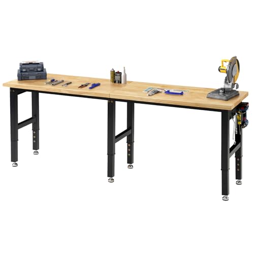 LUXOAK 213x61 cm höhenverstellbarer Werkbank mit Steckdosen 2722 kg belastbare Holzwerkbank mit Haken massiver Gummiholz-Arbeitsplatte für Garage Werkstatt Holzbearbeitung und Home-Office