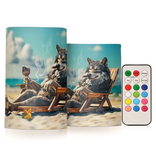 ALAZA Wolf on The Beach Flickering Flameless Candles Battery Operated with Remote Timer,Tea Light Candles LED Pillar Votive Candles set of 2 for Outdoor Indoor Decorations