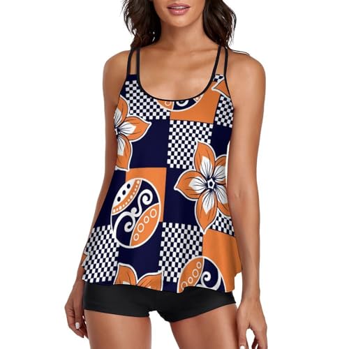 Tankini Maillot de Bain Fleurs en Plaid avec Short Robe pour Plage et Vacances
