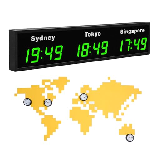 Horloge mondiale numérique à LED, horloge des fuseaux horaires multiples avec 3/4/5 fuseaux horaires, villes personnalisables, matériau en alliage...