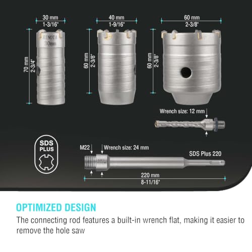 Image of BINOTA 7PCS 30-60 mm (1-3 /16 inch to 2-3 /8 inch) Concrete Hole Saw Kit | Tungsten carbide Core drill set; SDS-Plus shank; Cross-type center drill bit; Dry drilling for concrete /brick /stone