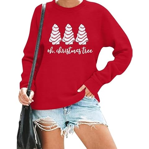 BANGELY Christmas Sweatshirt Women Christmas Tree Cake Graphic Sweater Shirts Xmas Holiday Pullover Cute Long Sleeve Tops Red Cover