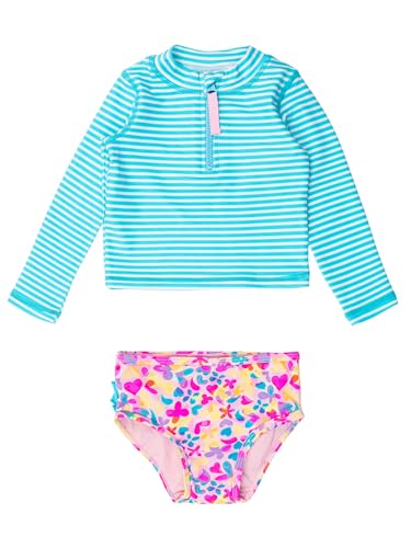 Image of RuffleButts Baby /Toddler Girls Long Sleeve Rash Guard 2 Piece Swimsuit Set w /UPF 50+ Sun Protection with Zipper