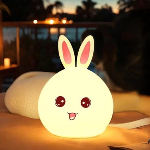 Image of CRAE Big Face Rabbit Night Lamp for Kids | LED Lamp with Touch Sensor | Silicone Lamp | Birthday Gift for Girls /Boys | Baby Bedroom Decor, Fluorescent (RABIT)