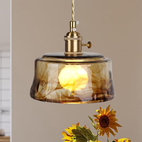 JC TOPA Glass Pendant Lights Kitchen Island Dimmable Mini Pendant Lighting Amber Glass Lampshade for Bedside Dining Room Foyer, Brass