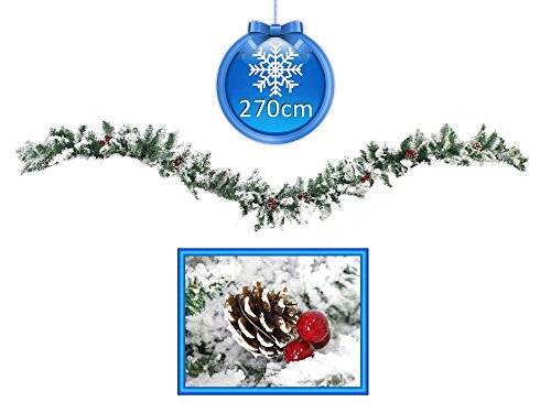 Vetrineinrete® Festone Natalizio innevato con Bacche e pigne 270 cm 30 cm Largo Ghirlanda Natalizia Artificiale di Natale 220 Rami con Neve Pino Abete Decorazioni e addobbi Natalizi 58746