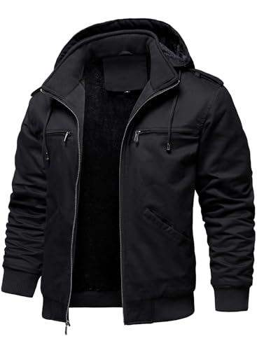 HOOD CREW Men’s Winter Jackets With Multi Pockets Cotton Thick Warm Fleece Lined Coat Hooded Work Cargo Jackets for Men
