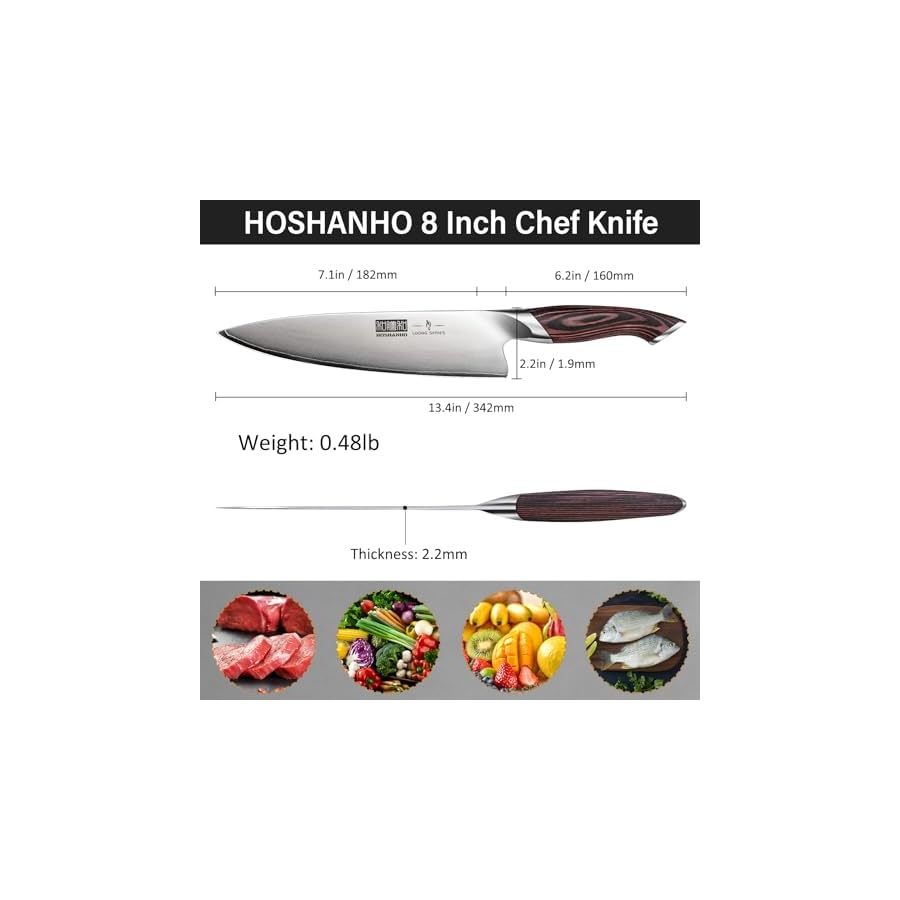 Kitchen-Knife-in-Japanese-Steel-AUS-10-High-Class-Chefs-Knife-8-inch-Professional-Cooking-Knife-Non-slip-Ultra-Sharp-Knife-with-Ergonomic-Handle HOSHANHO Kitchen Knife in Japanese Steel AUS-10, High-Class Chef's Knife 8 inch Professional Cooking Knife, Non-slip Ultra Sharp Knife with Ergonomic Handle